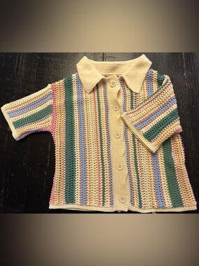 Crocheted Striped Button-Up Vest in Pastel Yellow, Green, Blue, Pink